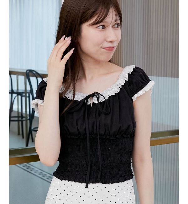  「バイカラープチフリルブラウス」|シャツ・ブラウス|ブラック