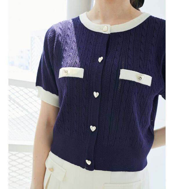  「バイカラーケーブルニットカーデ」|カーディガン|ネイビー