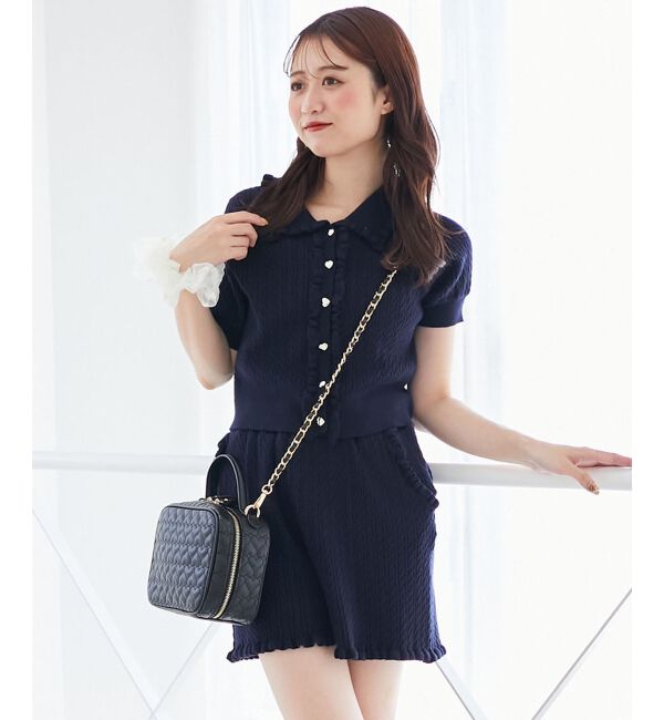  「ミニケーブルフリルニットカーデ」|カーディガン|ネイビー