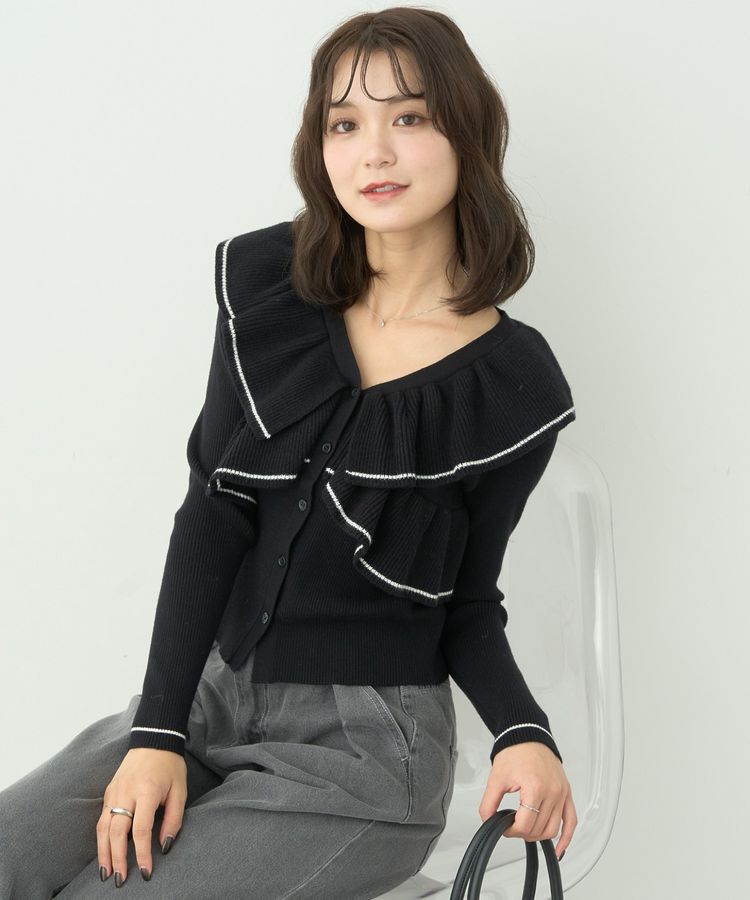 earth music&ecology「Vネックフリルニットカーディガン」|カーディガン|Black