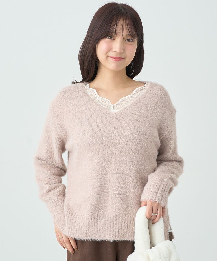 earth music&ecology「スパンコールシャギーVネックプルオーバー」|ニット・セーター|Pink