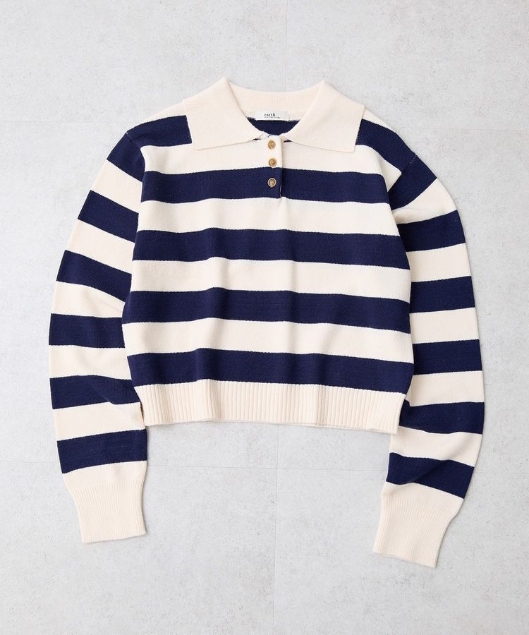earth music&ecology「ラガーニット」|ニット・セーター|ボーダーネイビー