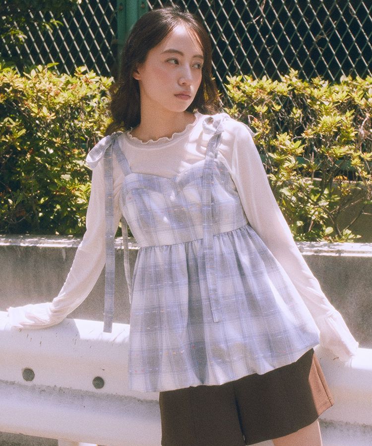 earth music&ecology「チェックパターンバルーンキャミビスチェ」|ベスト・ジレ|グレイッシュブルー