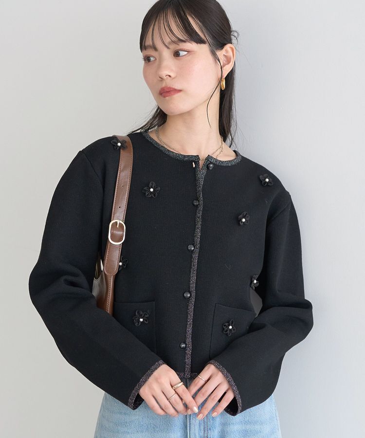 earth music&ecology「フラワーモチーフニットカーディガン」|カーディガン|Black