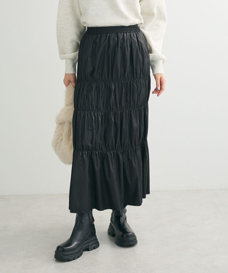 Green Parks「チンツ加工シャーリングスカート」|フレア|