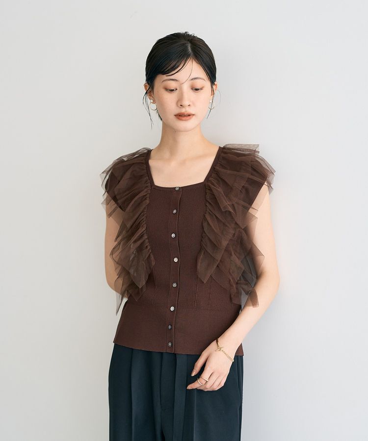 YECCA VECCA「チュールラッフルノースリーブカーディガン」|カーディガン|