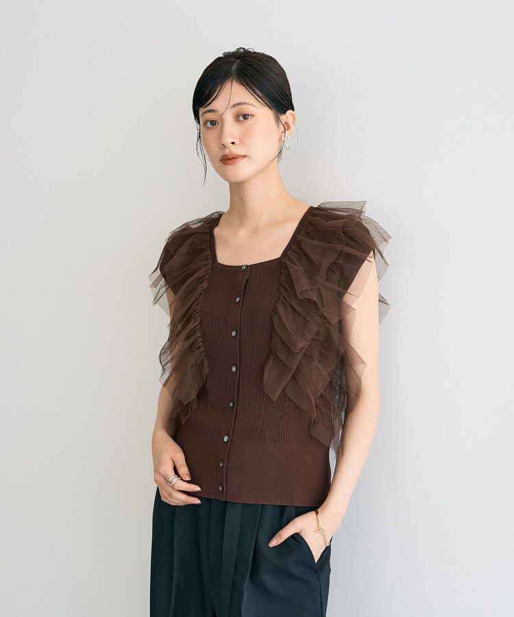 YECCA VECCA「チュールラッフルノースリーブカーディガン」|カーディガン|