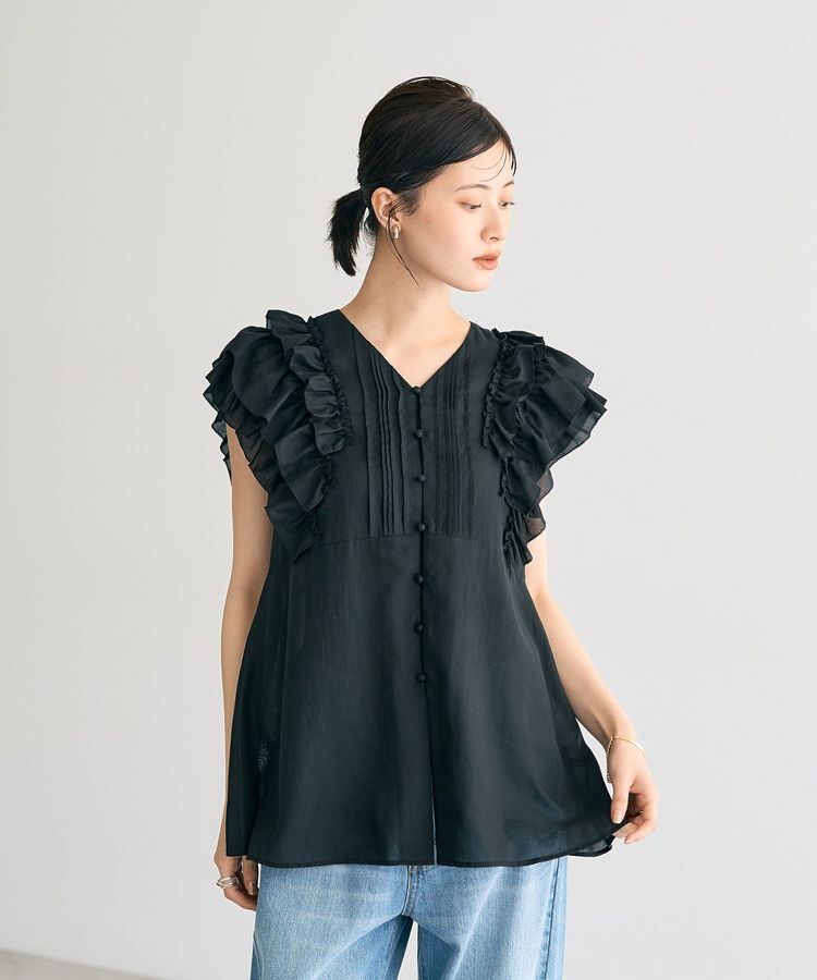 YECCA VECCA「ラッフルVネックブラウス」|シャツ・ブラウス|Black