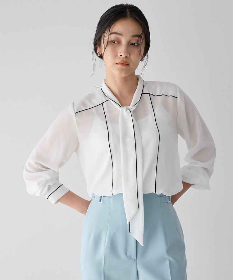 YECCA VECCA「配色ラインボウタイブラウス」|シャツ・ブラウス|Off White