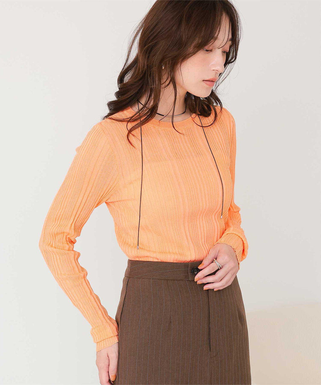 titivate「クルーネックランダムリブシアーニット」|ニット・セーター|オレンジ