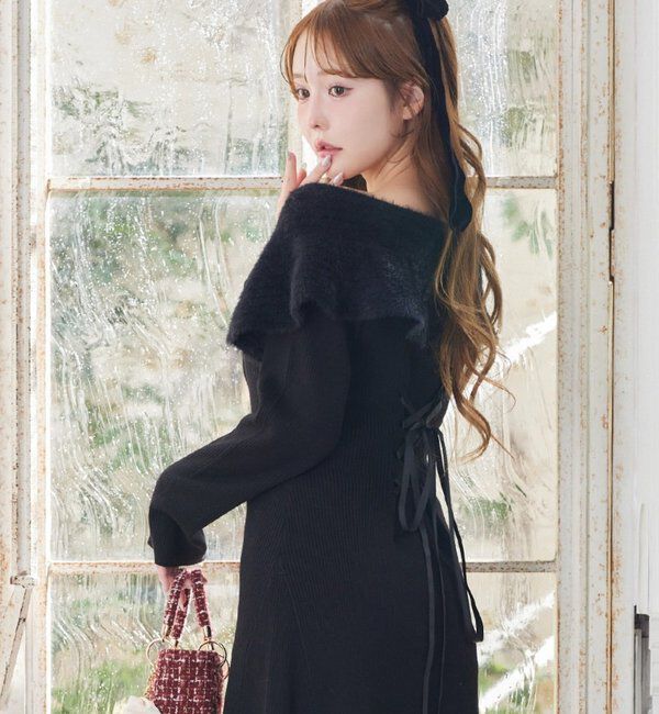  「ブローチ付きニットワンピース」|ワンピース|ブラック