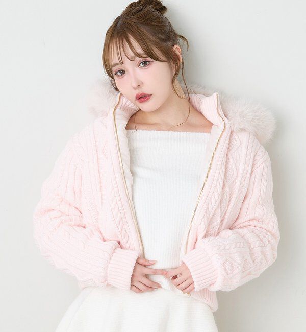  「ケーブルニット中綿ブルゾン」|ダウンベスト・ベスト|ピンク