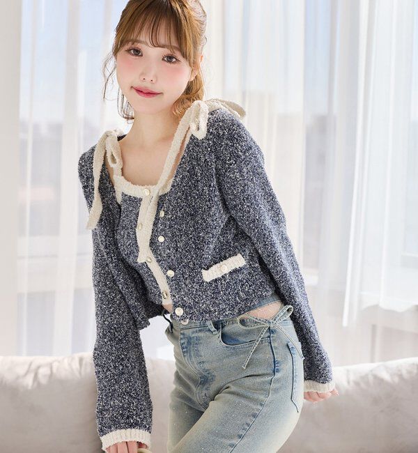  「【セットアップ可能】肩リボン配色ビスチェ」|ニット・セーター|