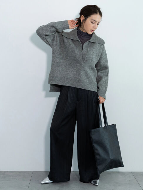 Te chichi「エンボスストライプサテンワイドパンツ」|その他|ブラック