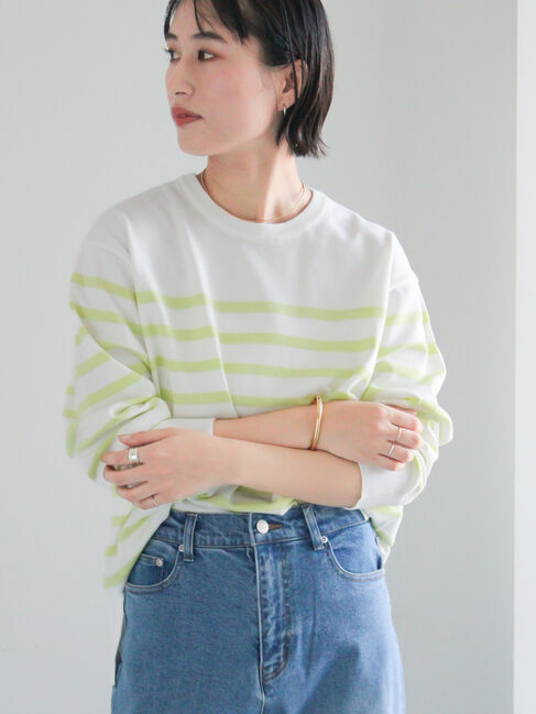 Te chichi「ボーダーボックスシルエットプルオーバー」|ニット・セーター|グリーン