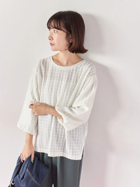 Samansa Mos2 blue「ジャカードボリュームスリーブプルオーバー」|Tシャツ・カットソー|