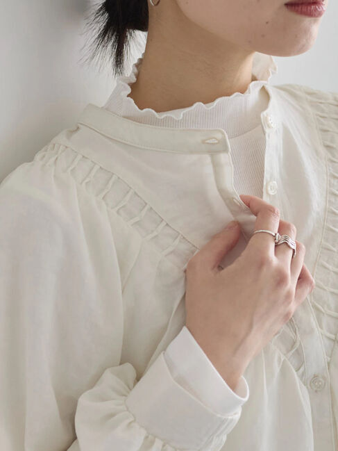 Samansa Mos2 blue「【吸湿発熱】リブフリル衿PO」|Tシャツ・カットソー|