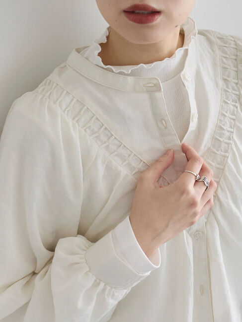 Samansa Mos2 blue「【吸湿発熱】リブフリル衿PO」|Tシャツ・カットソー|