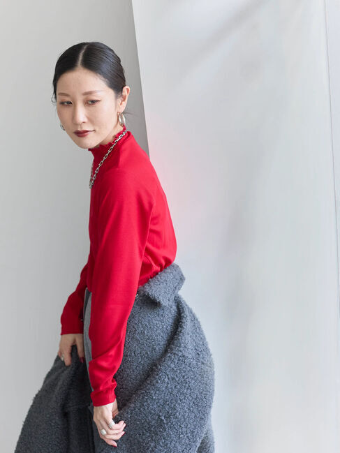 Samansa Mos2 blue「【吸湿発熱】リブフリル衿PO」|Tシャツ・カットソー|