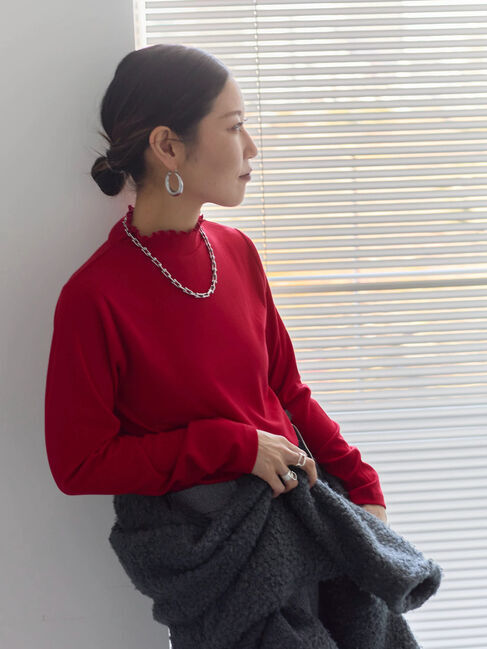 Samansa Mos2 blue「【吸湿発熱】リブフリル衿PO」|Tシャツ・カットソー|