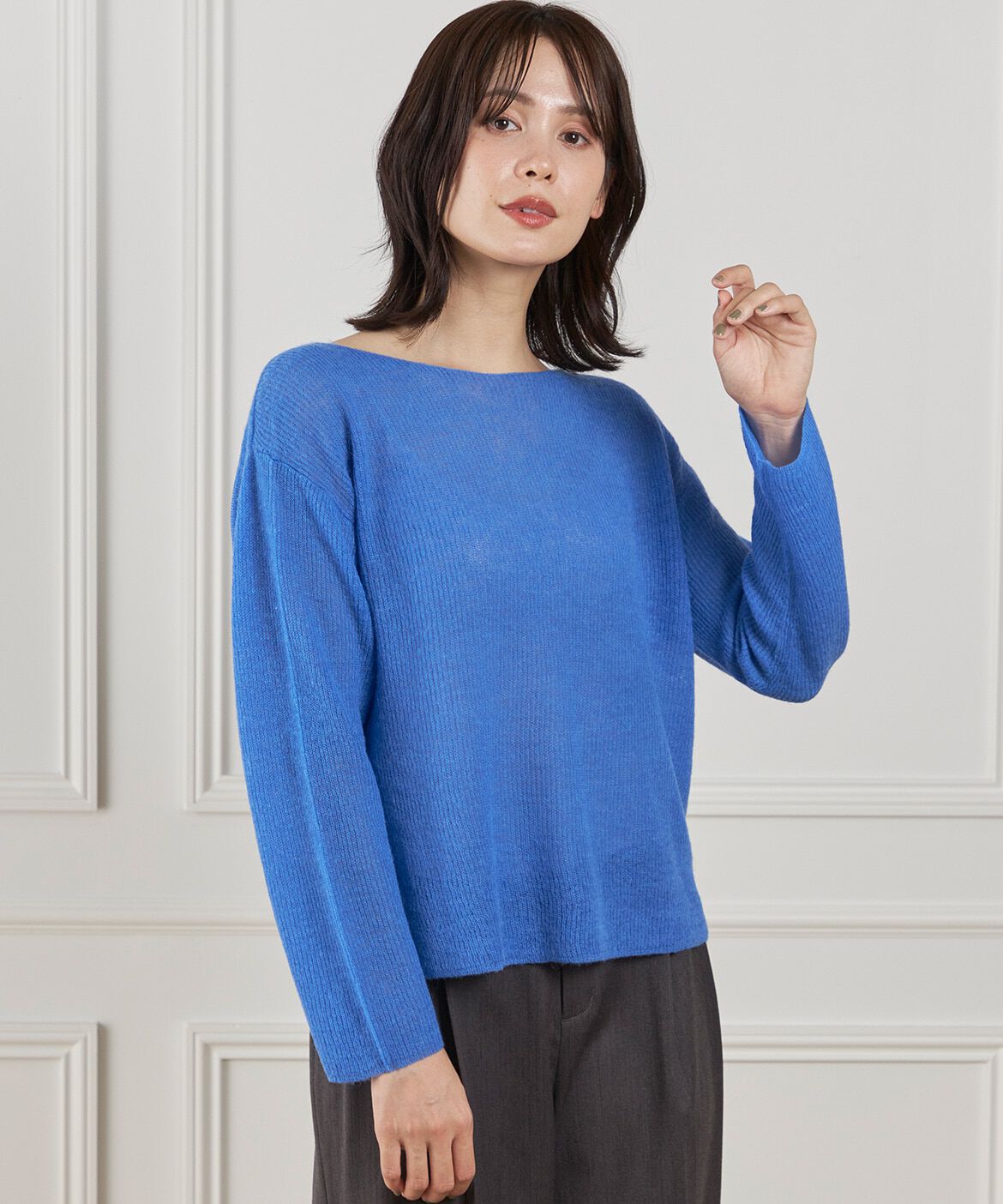 INED「アルパカ混 片畦ボートネックプルオーバー」|ニット・セーター|ブルー1