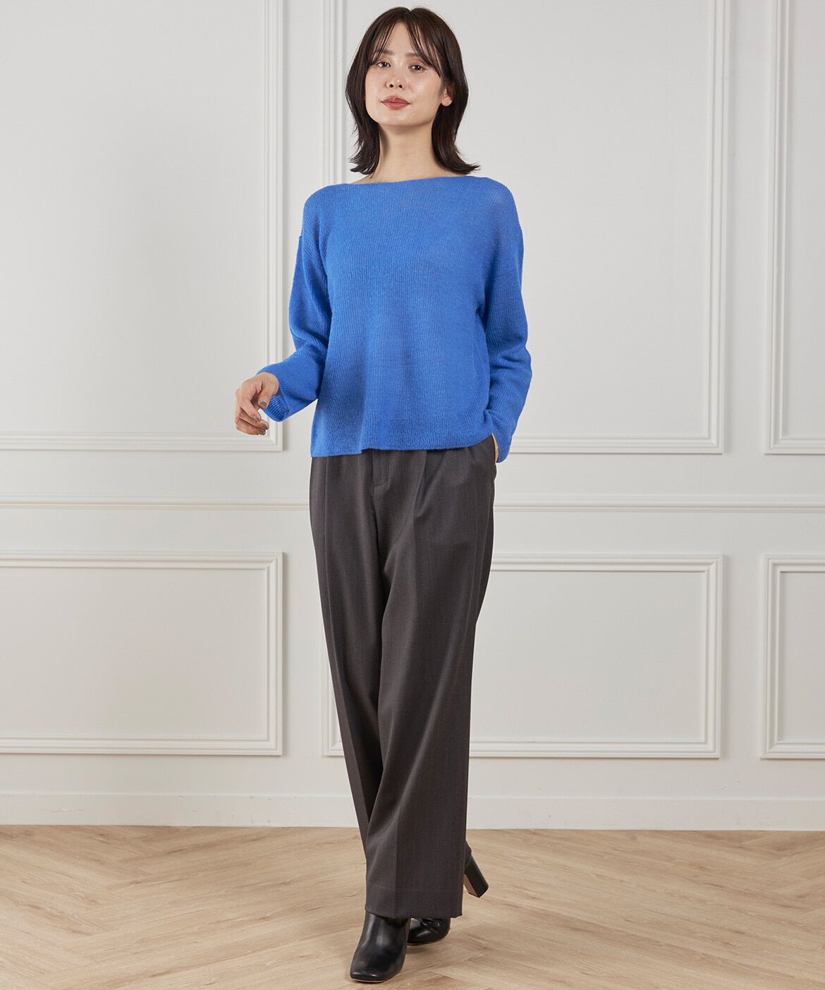 INED「《大きいサイズ》アルパカ混 片畦ボートネックプルオーバー」|ニット・セーター|