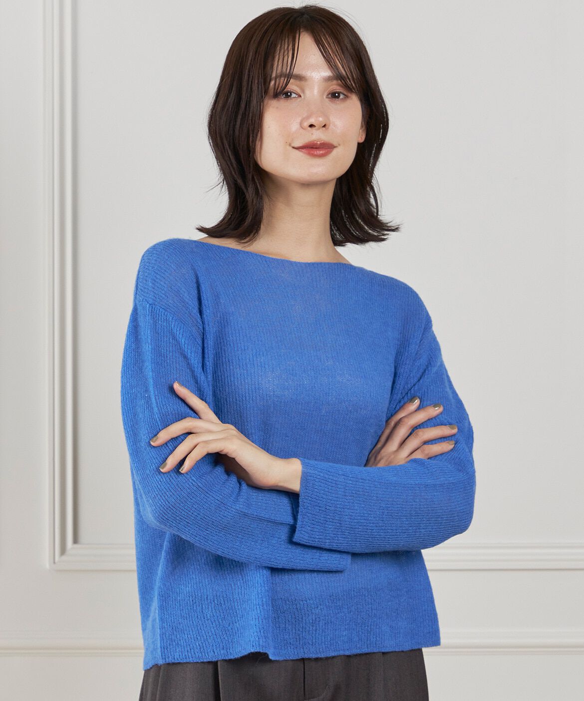 INED「《大きいサイズ》アルパカ混 片畦ボートネックプルオーバー」|ニット・セーター|