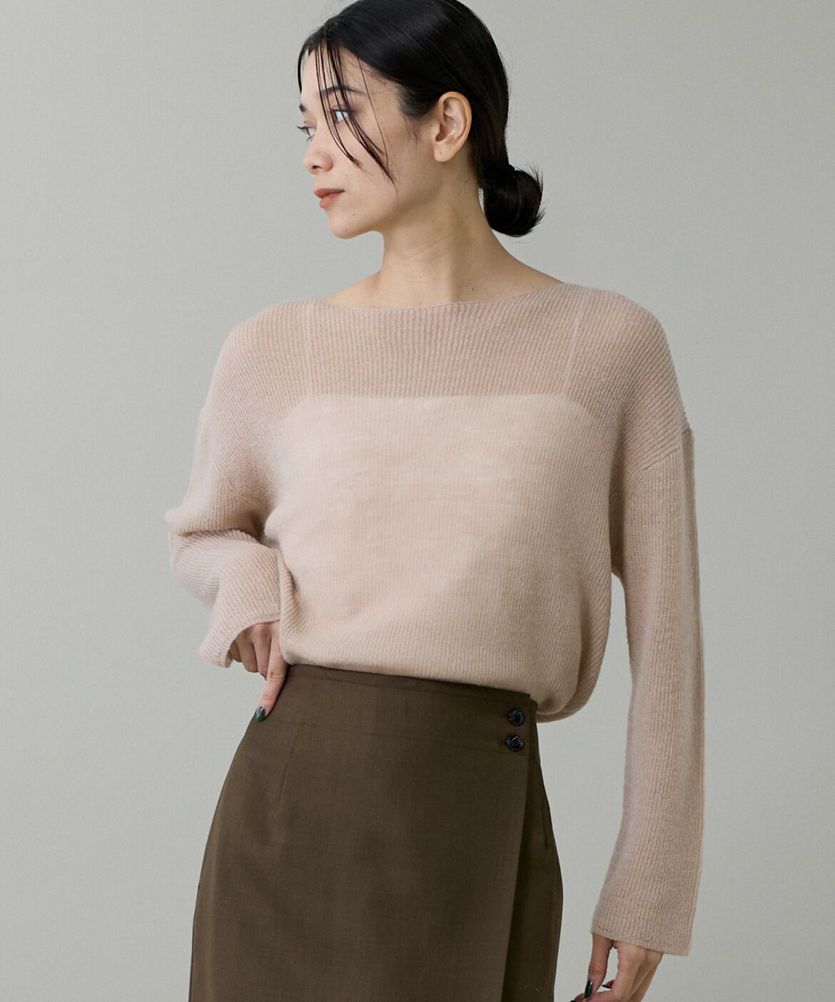 INED「《大きいサイズ》アルパカ混 片畦ボートネックプルオーバー」|ニット・セーター|ベージュ2