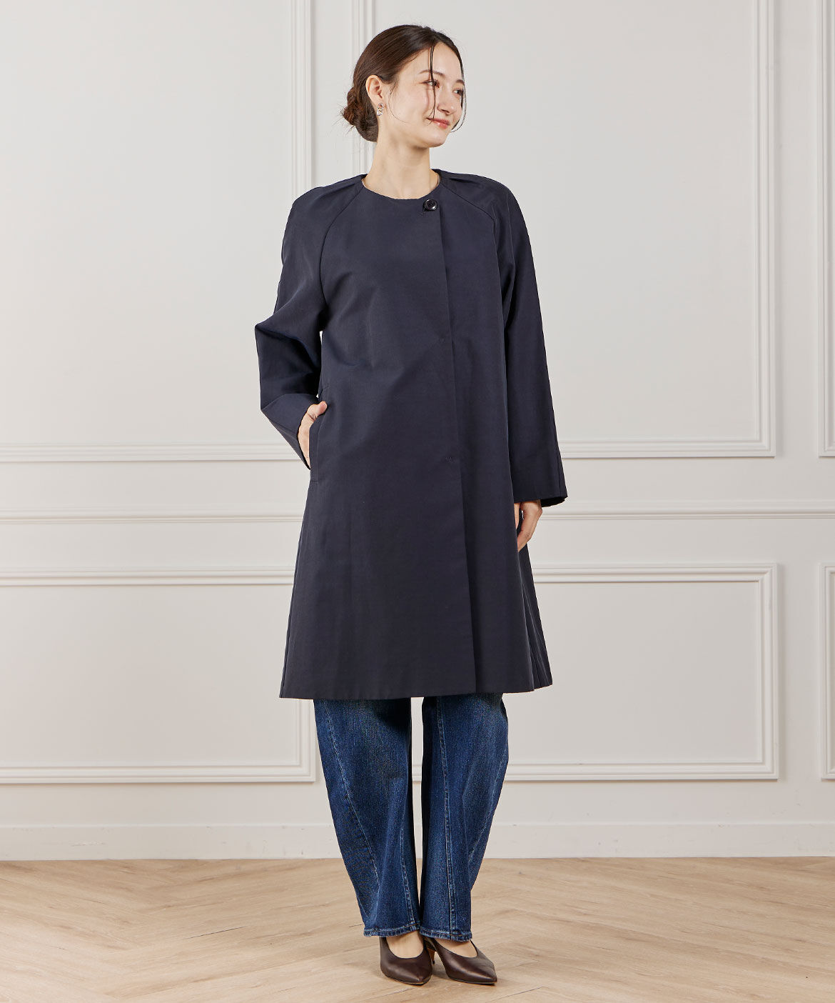 INED「ノーカラーコート」|ステンカラーコート|