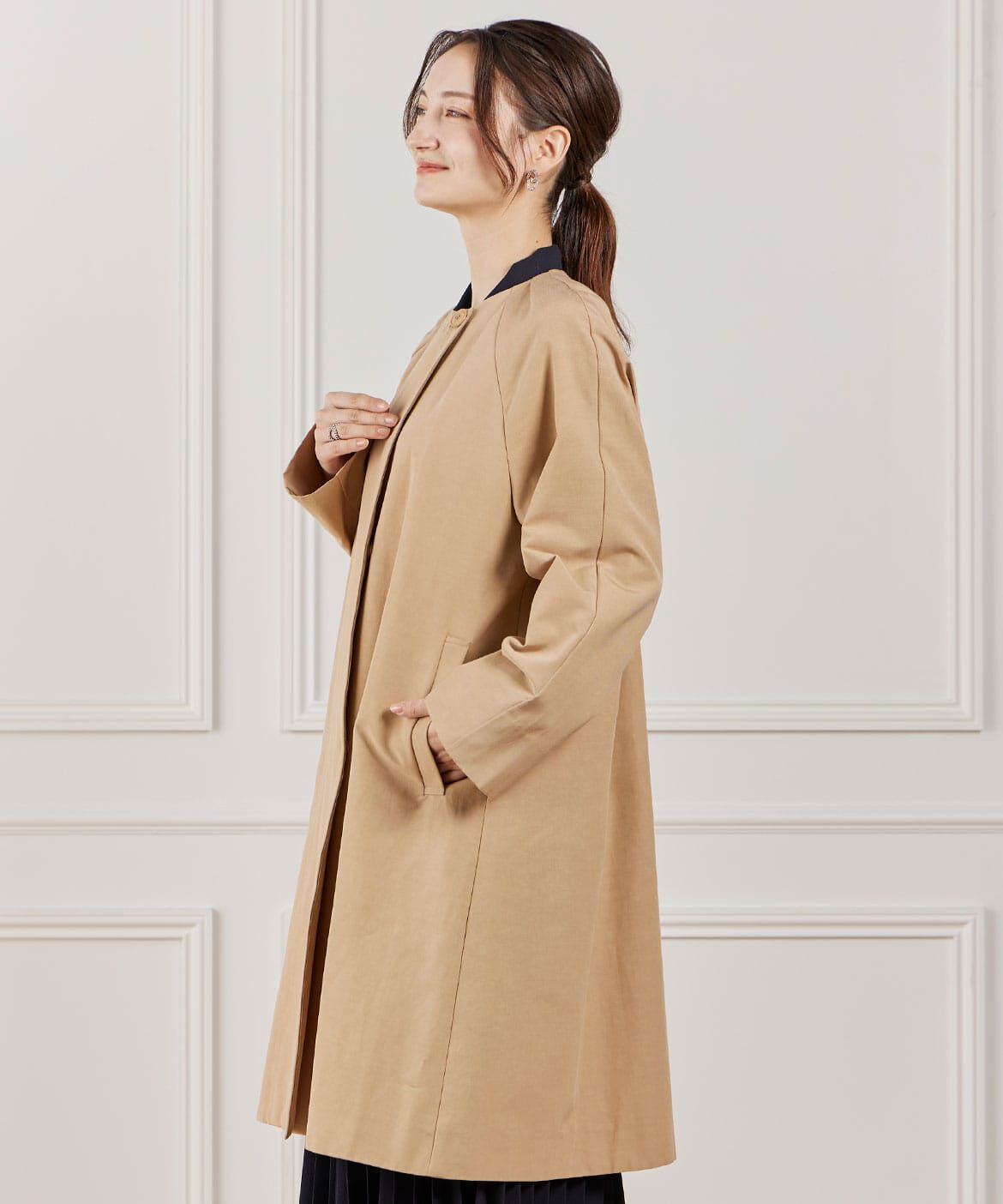 INED「ノーカラーコート」|ステンカラーコート|