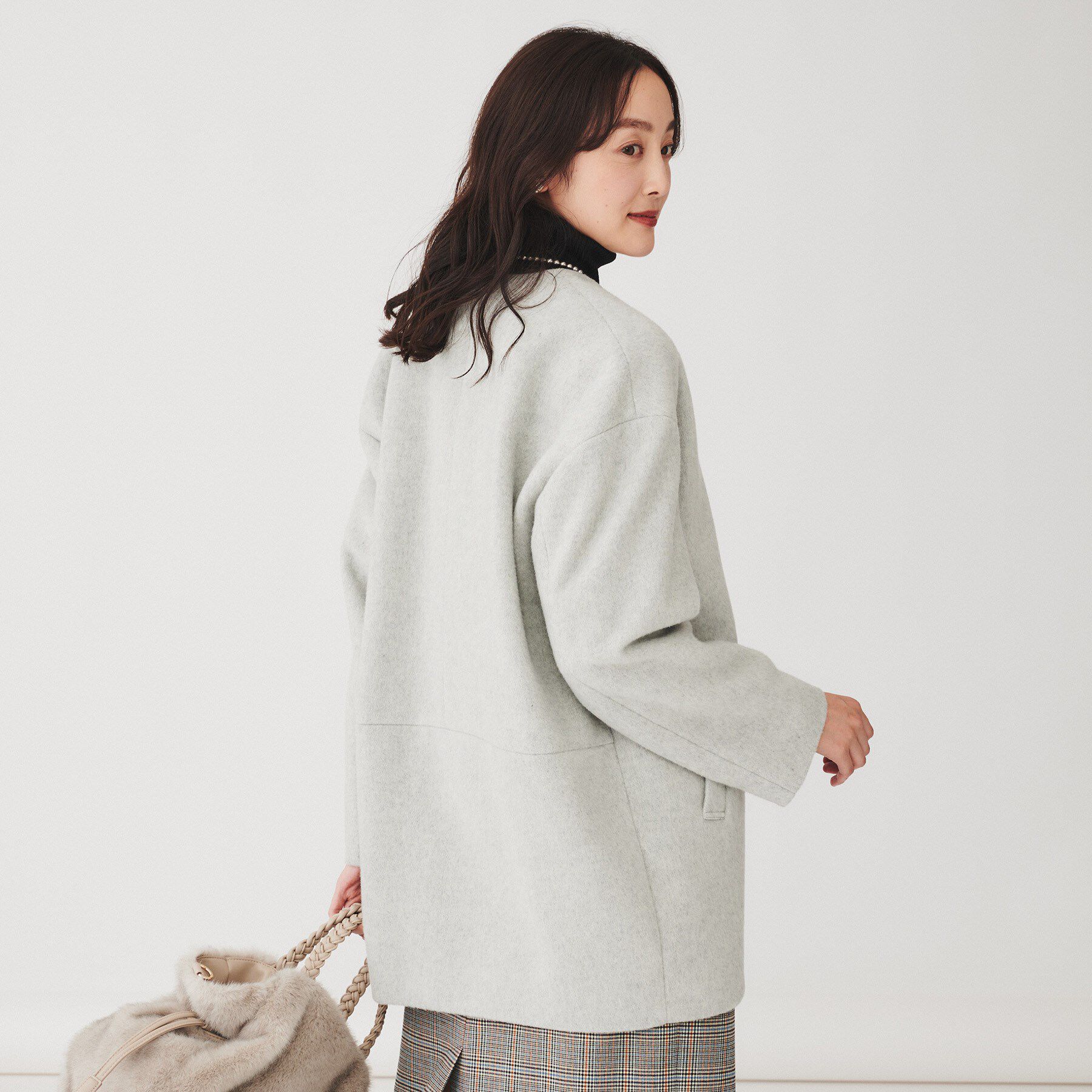 UNTITLED「【日本製】ミディ丈ノーカラーコート」|ノーカラーコート|