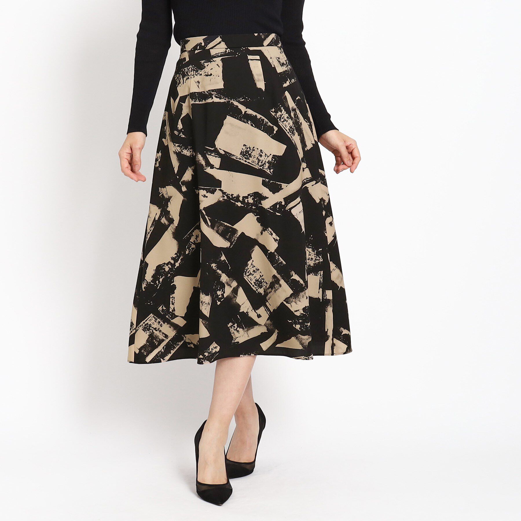 COUP DE CHANCE「【洗える／ウエストゴム入り】幾何柄フレアスカート」|スカート|ブラック(119)