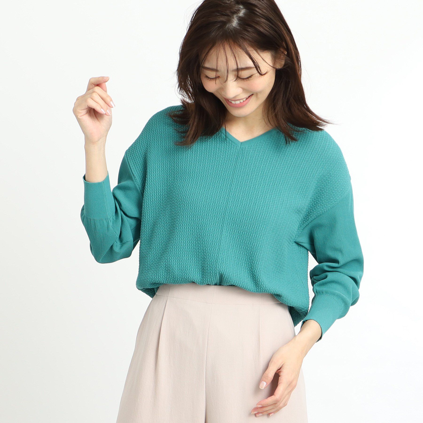 Reflect「【WEB先行カラーあり／ヒップ周りカバー】オフボディニット」|ニット・セーター|グリーン(022)