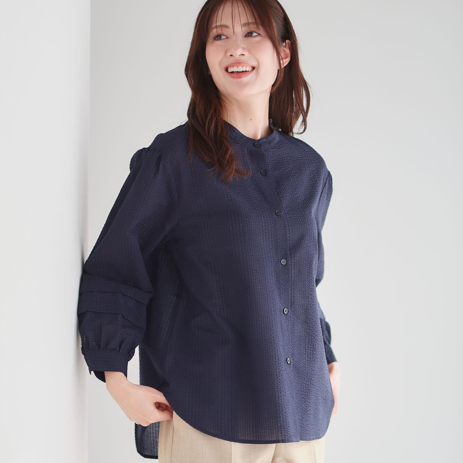 Reflect「【ゆったり着られる◎】バンドカラーシャツブラウス」|シャツ・ブラウス|ネイビー(094)