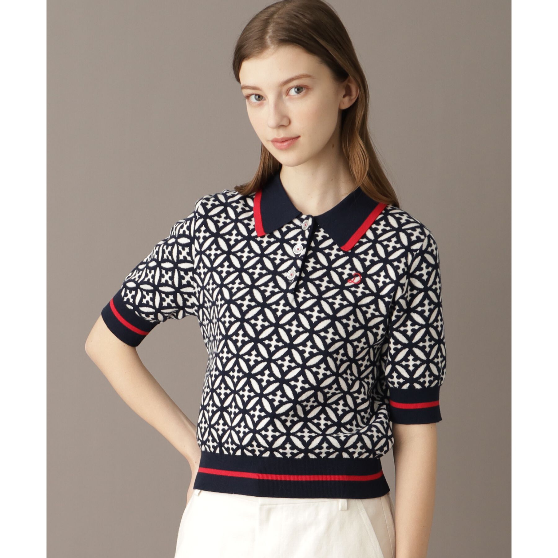 DRESSTERIOR「【大人百花春号掲載 モデル美香さん着用】オーバーラップサークルジャカードポロニット」|ニット・セーター|