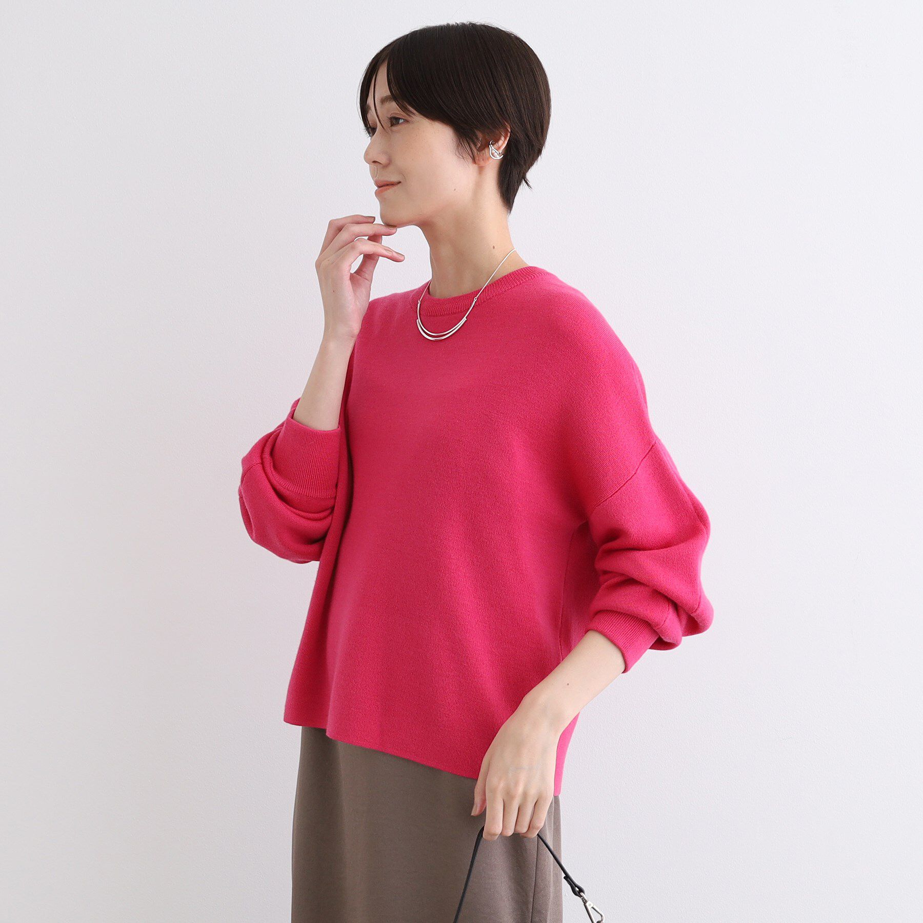 INDIVI「【ウール混／洗える】スウェットライク スムースニット」|ニット・セーター|ピンク(073)