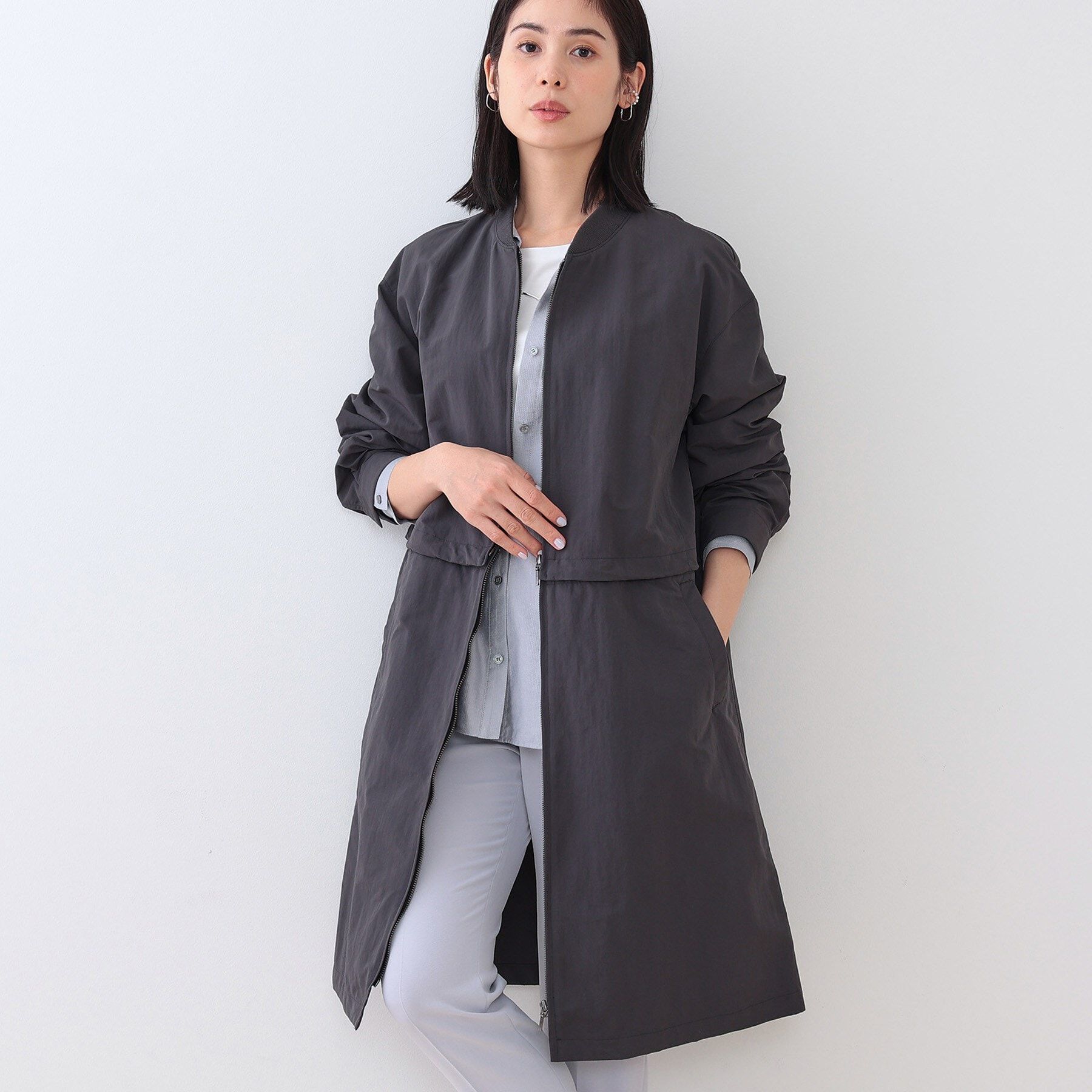 INDIVI「【撥水／UVケア／2WAY】ショート＆ロング ブルゾンコート」|ブルゾン・スタジャン|チャコールグレー(0