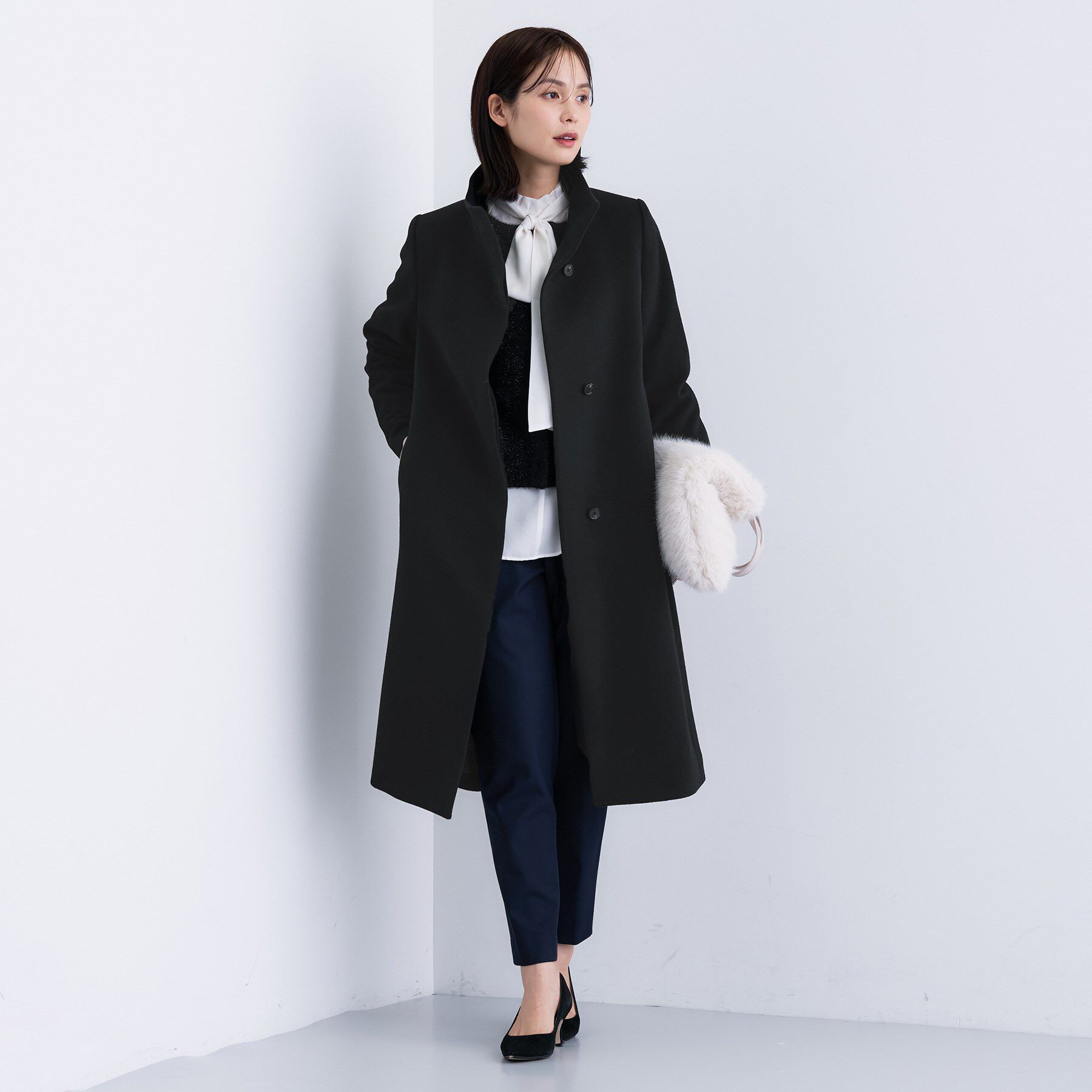 名品コート／日本製】ウール100％スタンドカラーロングコート（INDIVI