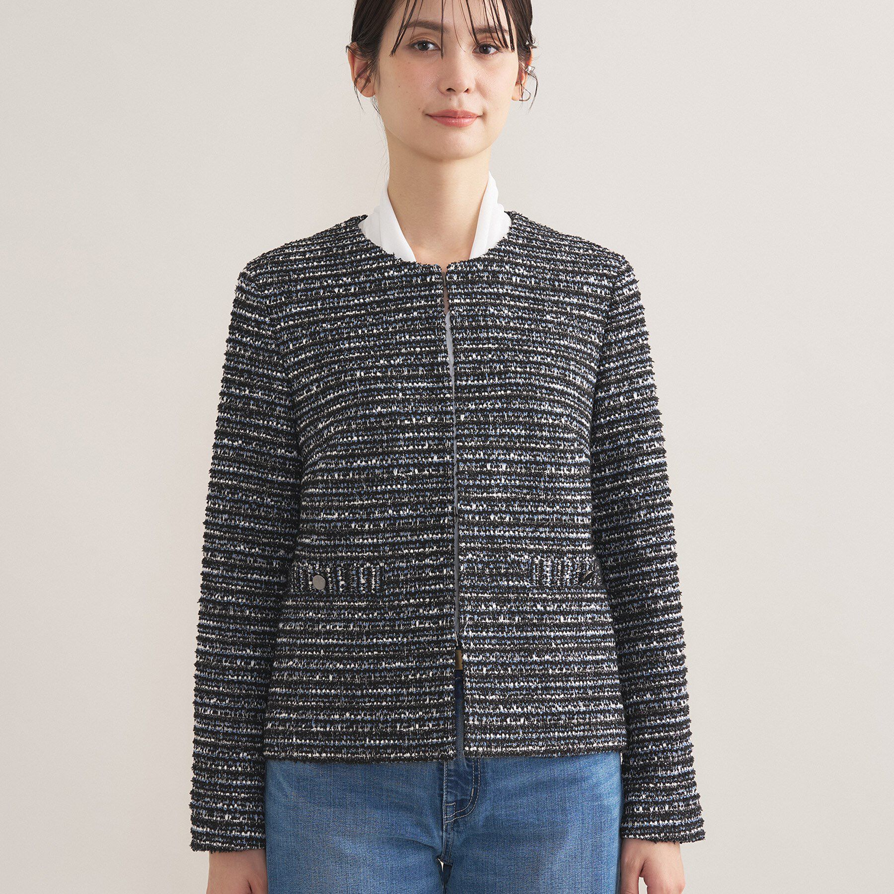 INDIVI「【セレモニー／洗える】ミックスツイードライトジャケット」|ノーカラージャケット|