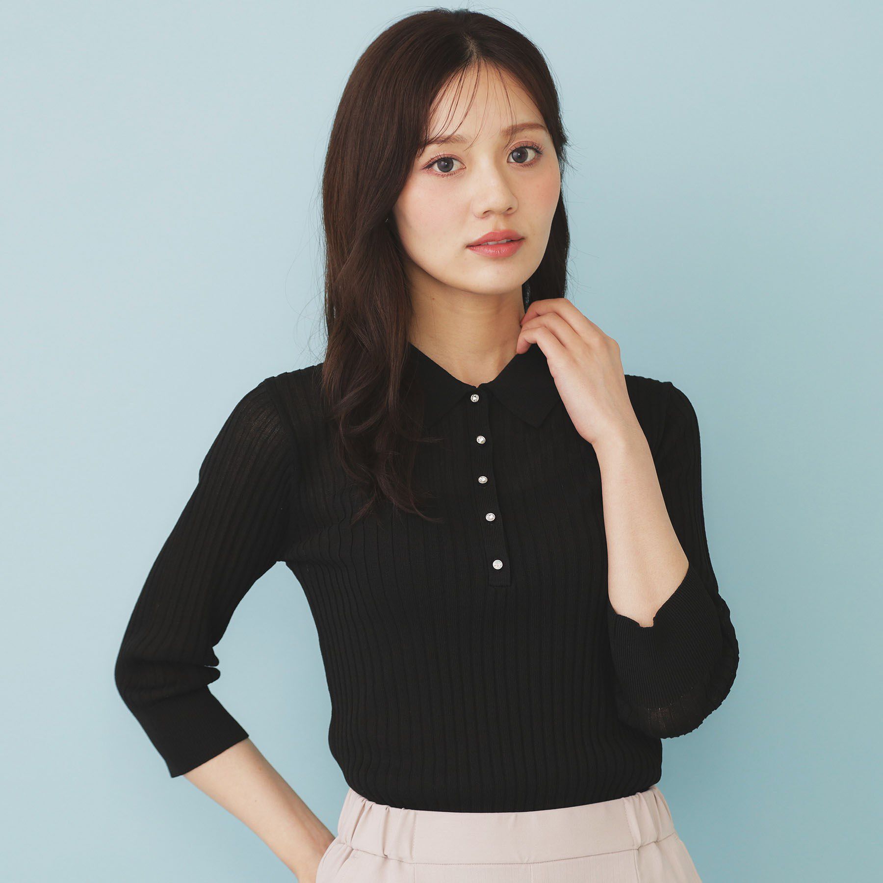 index「シアーリブ衿付きニット【洗濯機洗い可/抗ピル】」|ニット・セーター|ブラック(019)