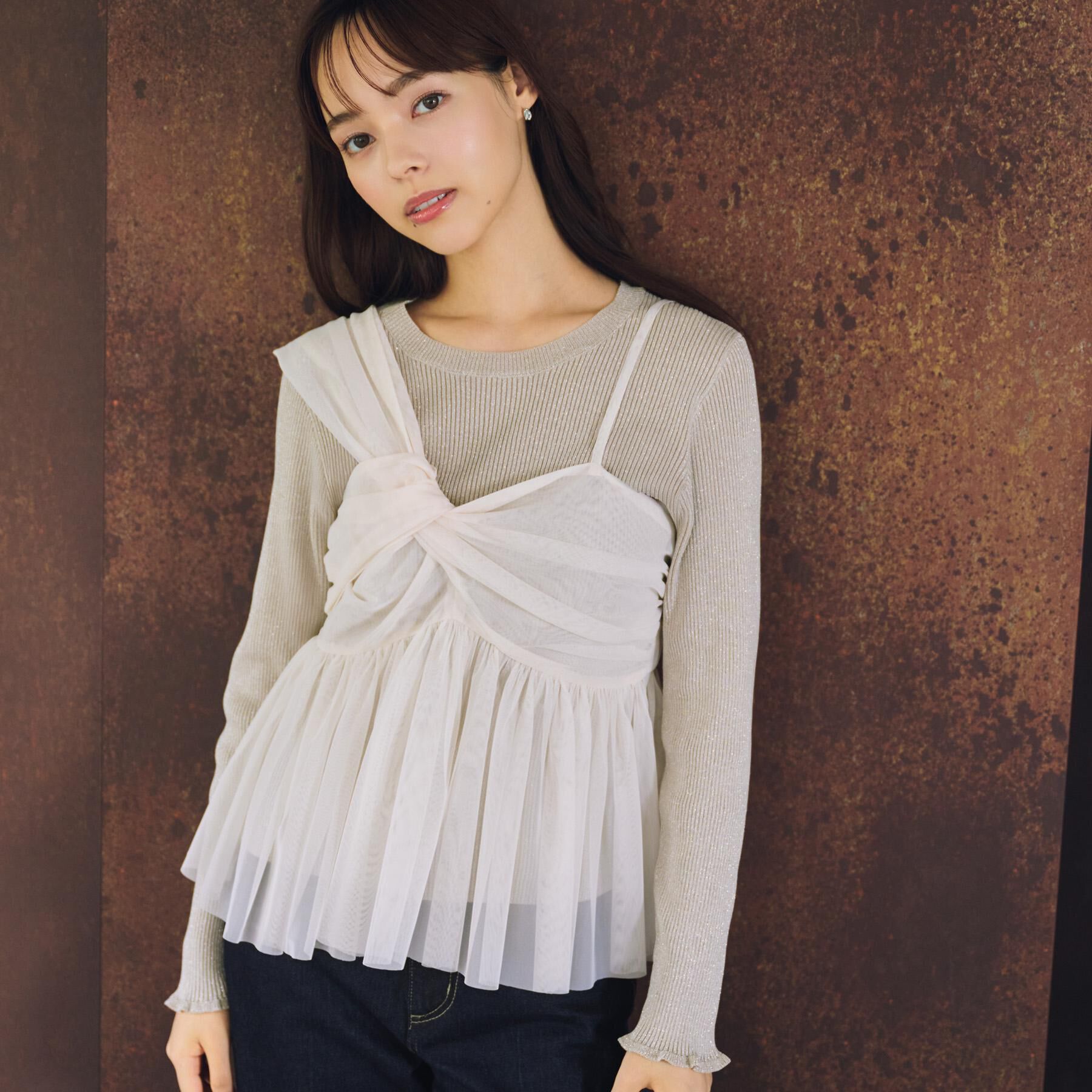 index「《ツインセット》チュールキャミ&times;ラメリブニット【洗濯機OK】」|ニット・セーター|