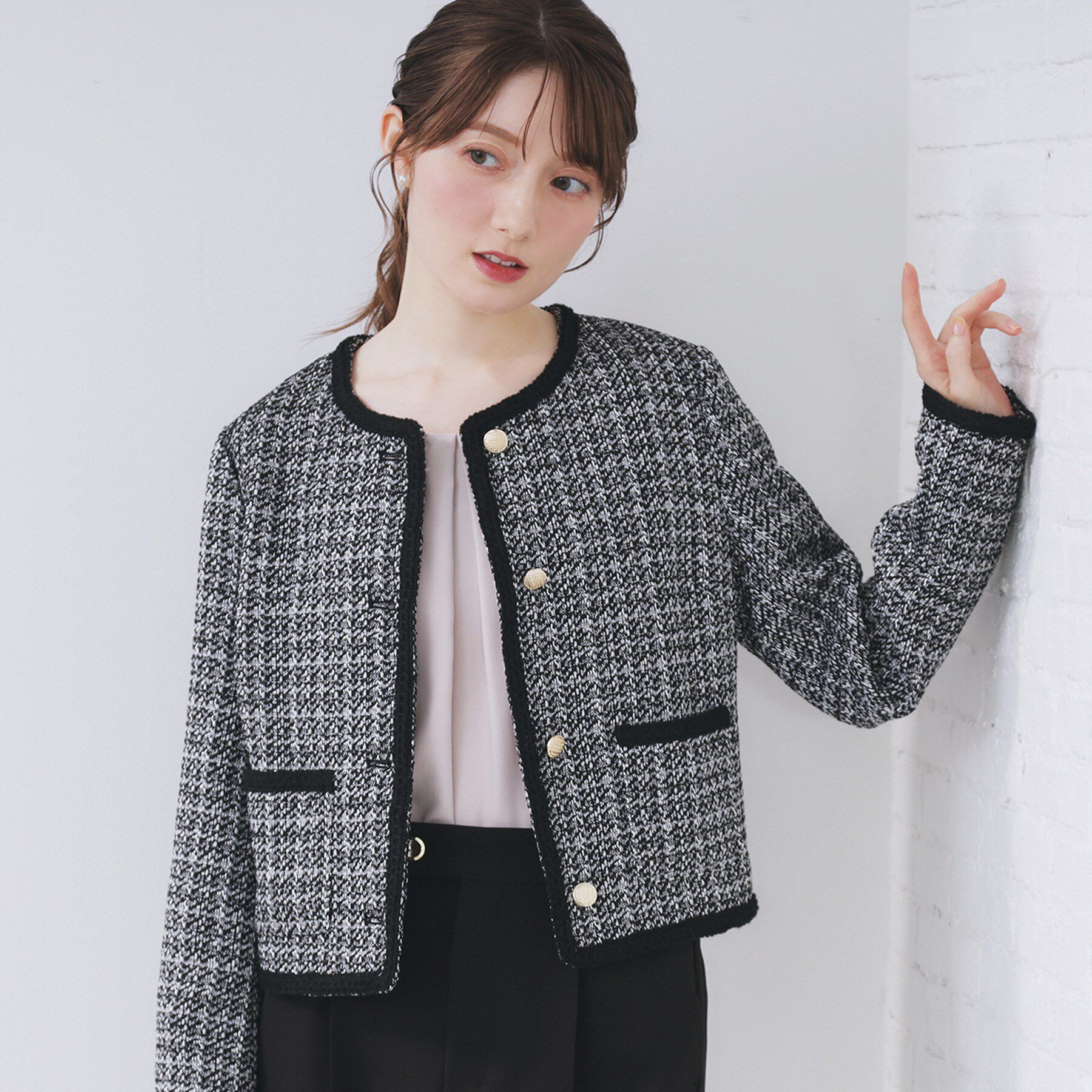 index「ファンシーツイードノーカラージャケット【洗える】」|ノーカラージャケット|ブラック(419)