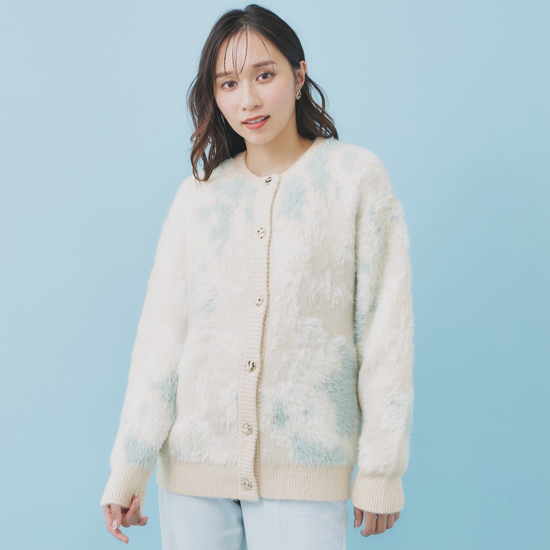 index「フェザー幾何ジャカードクルーミドルカーディガン【洗濯機OK】」|カーディガン|