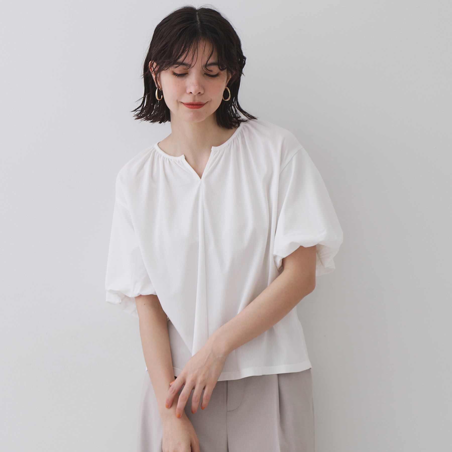 OPAQUE.CLIP「バルーンスリーブトップス/セットアップ対応【UVケア/接触冷感/洗濯機洗い可】」|Tシャツ・カットソー|ホワイト(001)