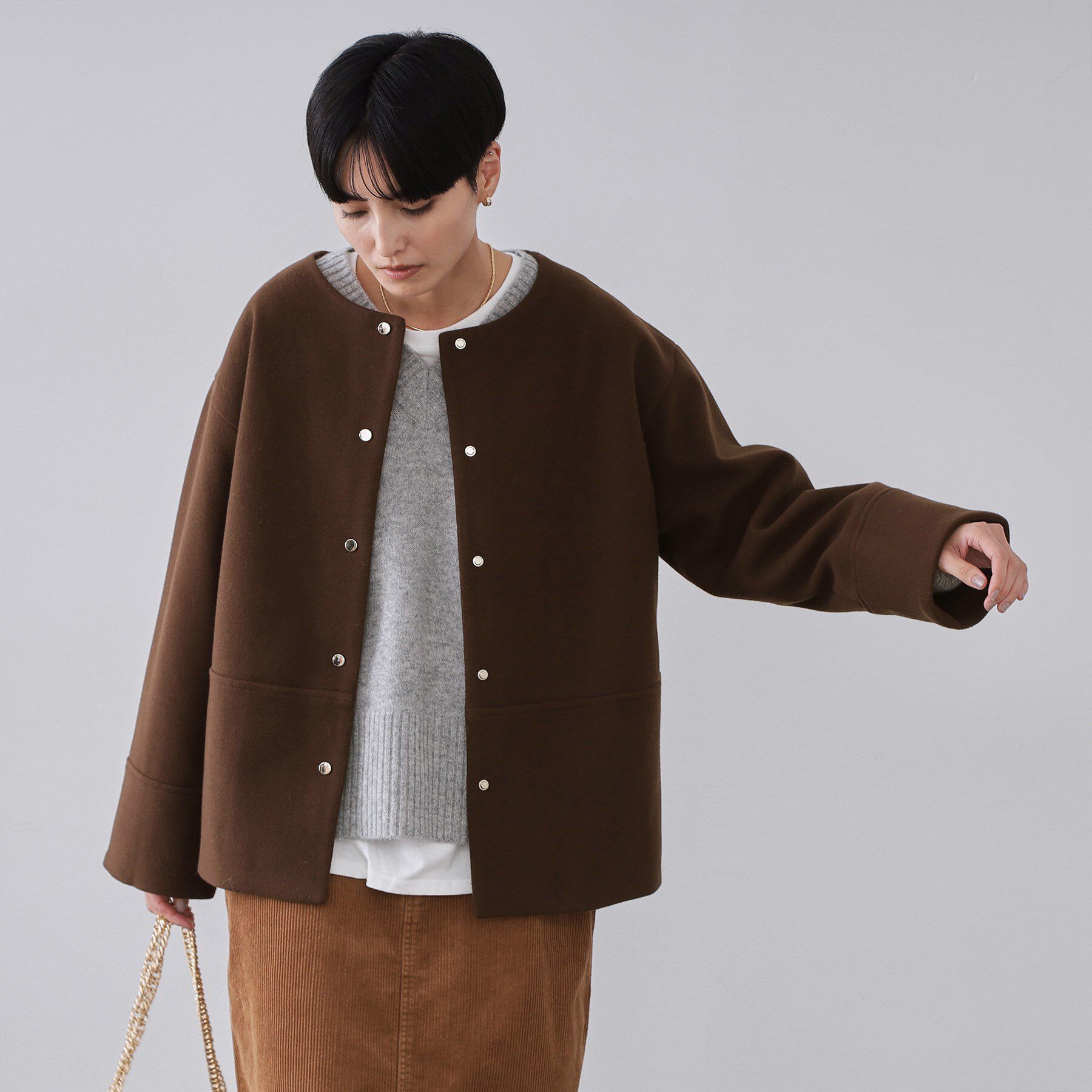 OPAQUE.CLIP「ウールライクメルトン ノーカラーコート【洗濯機OK】」|ノーカラーコート|ブラウン(844)