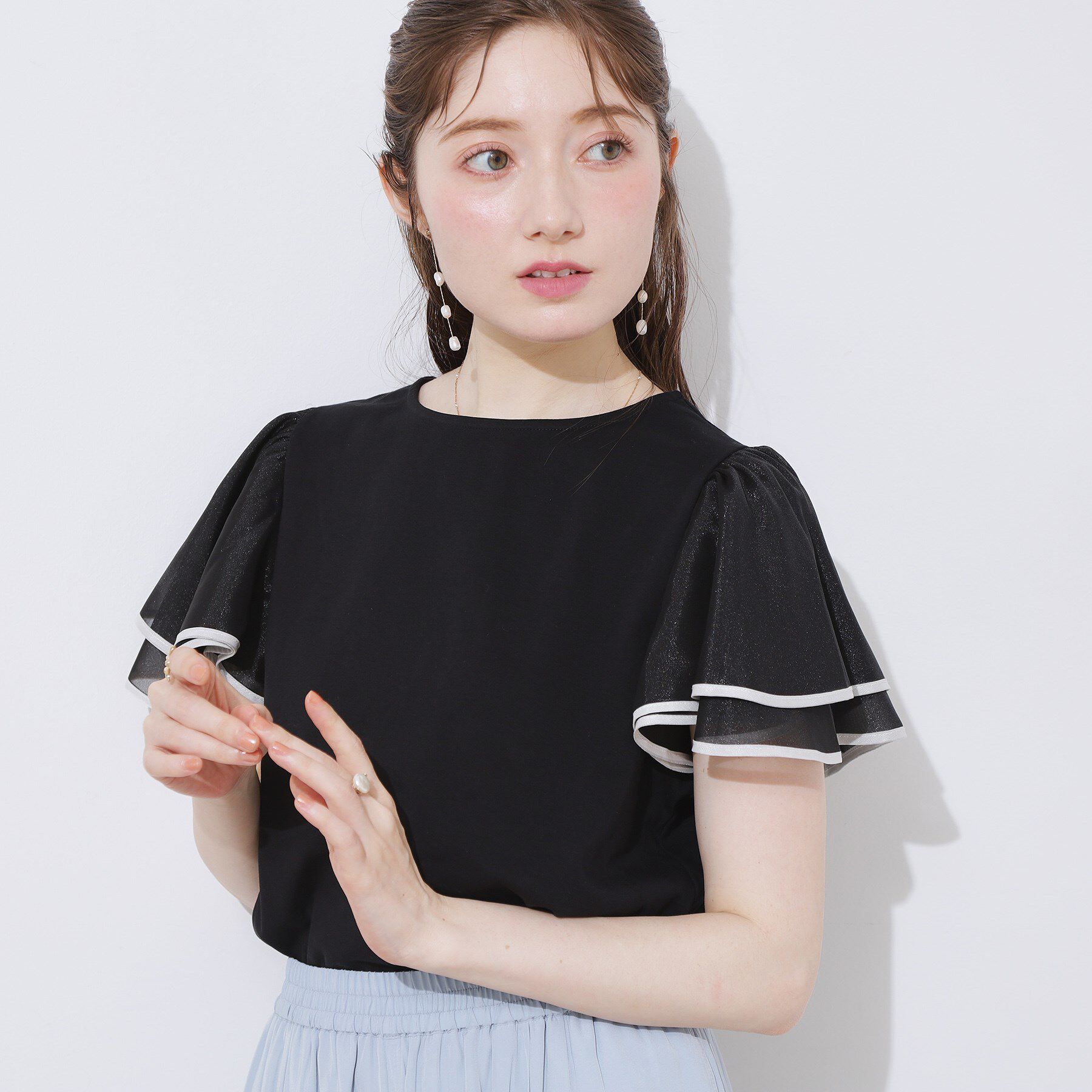 Couture broach「【マシンウォッシャブル・UVケア・接触冷感・二の腕カバー】配色フレアドッキングカットソー」|Tシャツ・カットソー|
