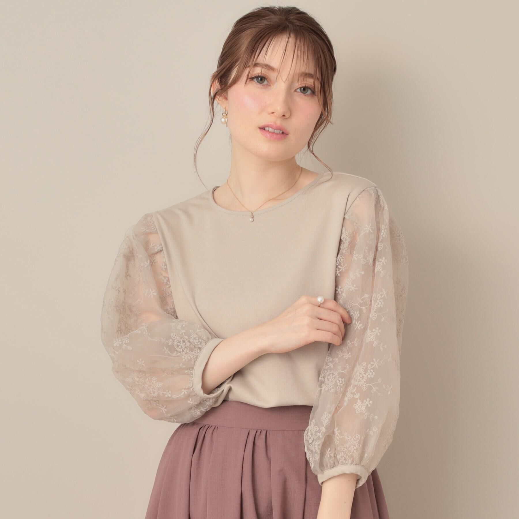 Couture broach「【接触冷感・UVカット・マシンウォッシャブル】袖レースドッキングカットソー」|Tシャツ・カットソー|