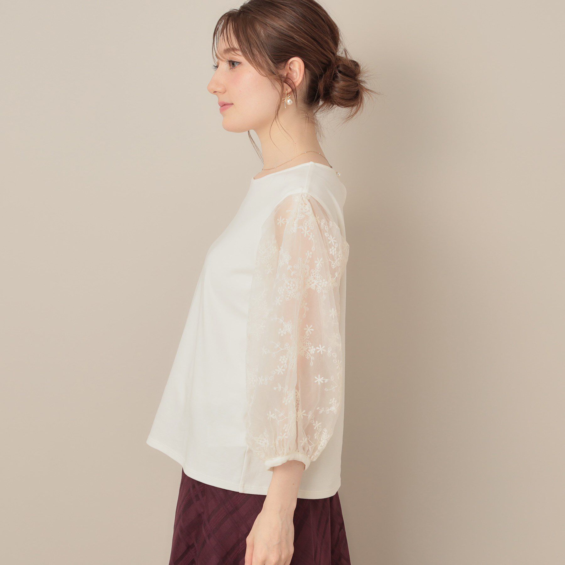 Couture broach「【接触冷感・UVカット・マシンウォッシャブル】袖レースドッキングカットソー」|Tシャツ・カットソー|