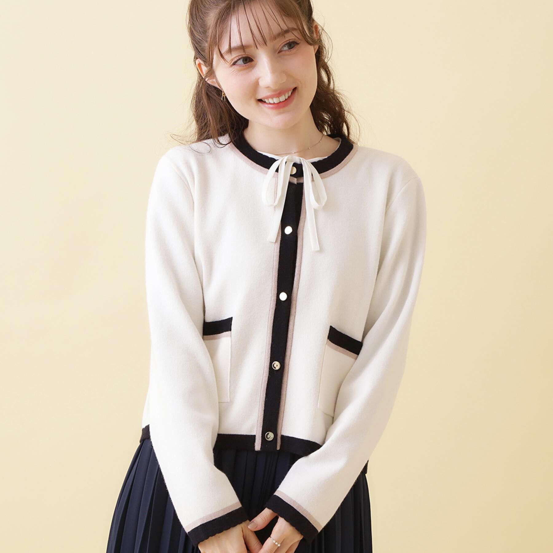 Couture broach「【通勤・着映え】配色 総針カーディガン」|カーディガン|アイボリー(004)