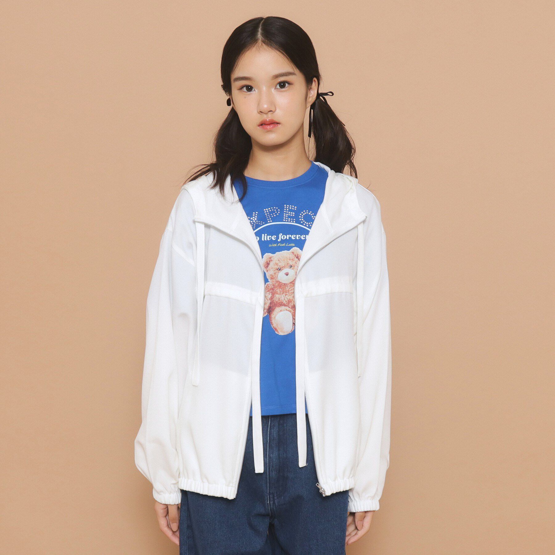 PINK-latte「【130cmあり】フード付き フロントダブルリボンアウター」|ブルゾン・スタジャン|アイボリー(004)